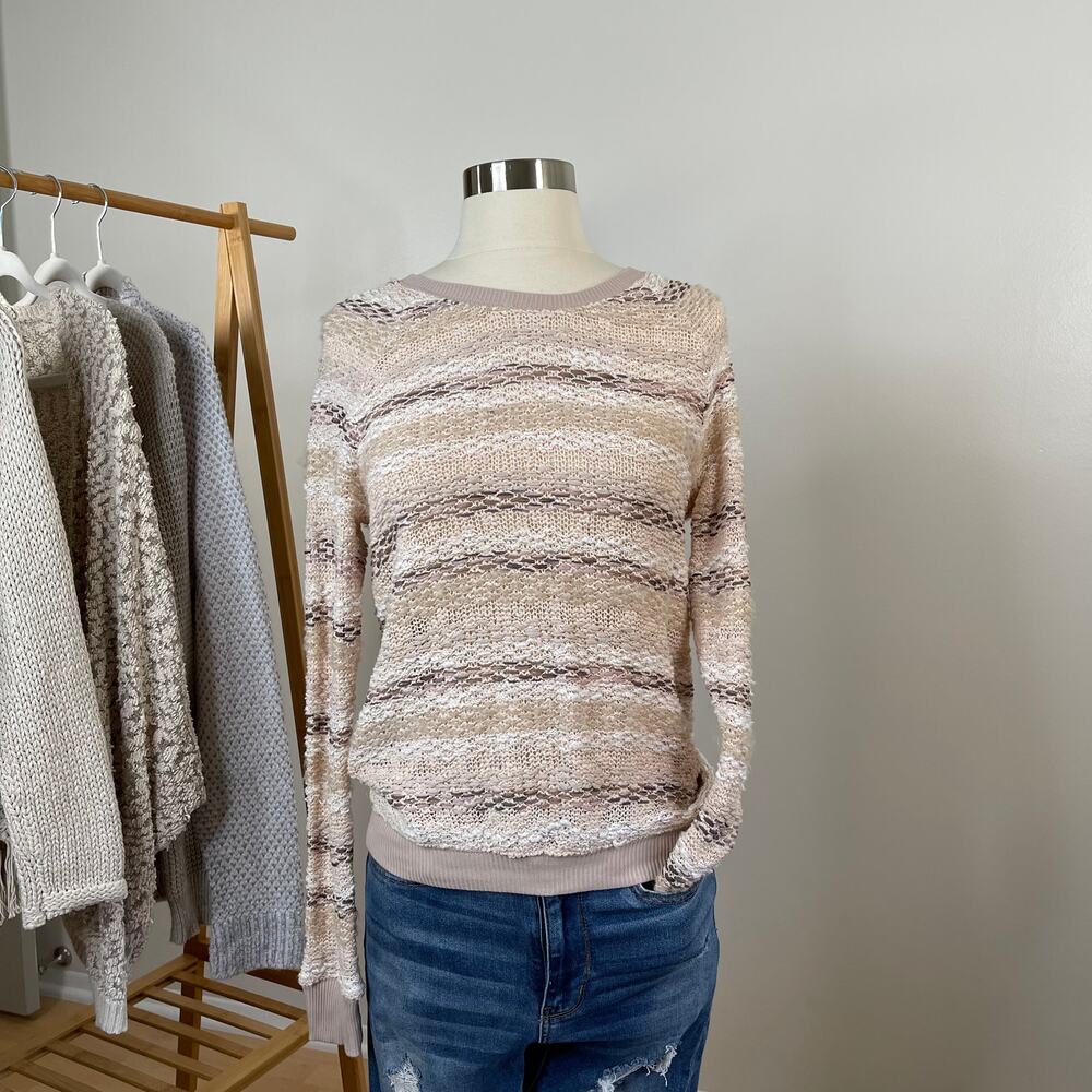 American Eagle • Striped Tan Knit Crewneck Sweater